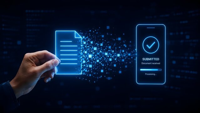 Mobile digital document submission and processing concept with glowing electronic paper transferring data into a smartphone displaying a received checkmark.