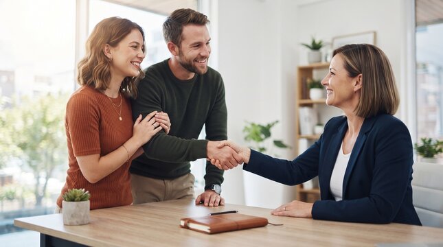 Happy young couple shaking hands with senior female banker after completing family savings account setup, joyful husband and wife securing real estate home loan with expert financial consultant