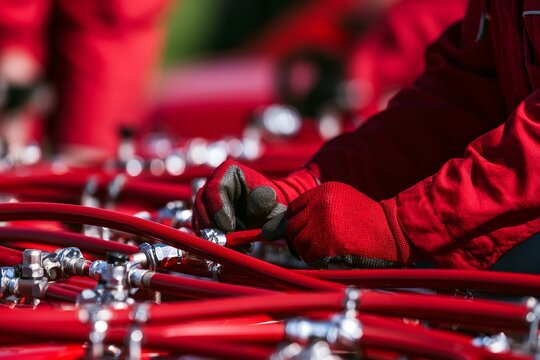 Worker hands connecting red pipes with metallic fittings