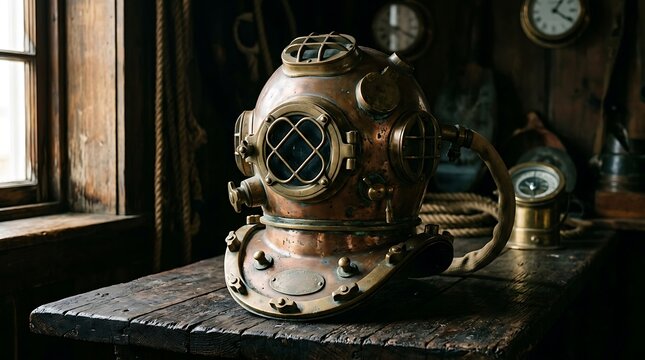 Antique brass diving helmet sitting on a wooden table in a dimly lit workshop.