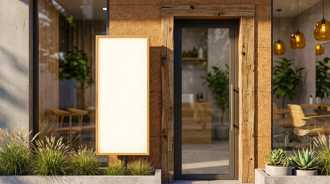 Modern beauty salon glass entrance with empty advertising board and rustic wooden doorway