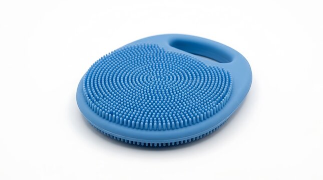 Blue silicone face cleansing brush with handle isolated on white background.