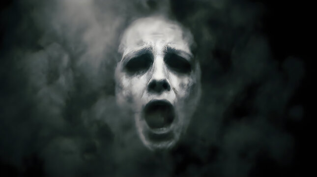 A terrifying screaming ghost face emerging from dark smoke for a spooky halloween background design concept