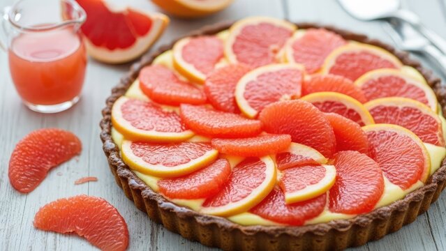 Fresh grapefruit tart with citrus slices and juice.
