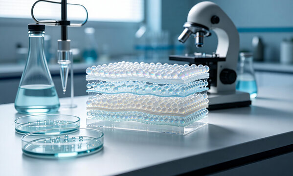 Bright Clinical Laboratory Workbench with Stacked Multi-well Plates, Glass Petri Dishes, Erlenmeyer Flask and Optical Microscope, Medical Biological Research and Chemical Experiment Concept Photo