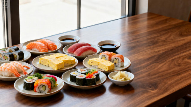 Assorted Japanese Sushi Set on Wooden Table with Salmon Tuna and Tamago