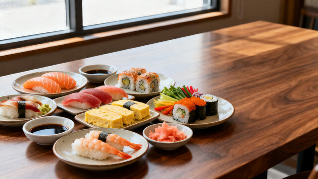 Assorted sushi platters featuring salmon nigiri tuna shrimp maki and tamago on a wooden restaurant table