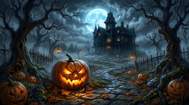 Spooky haunted house with glowing jack o lanterns in a dark misty forest for a halloween background