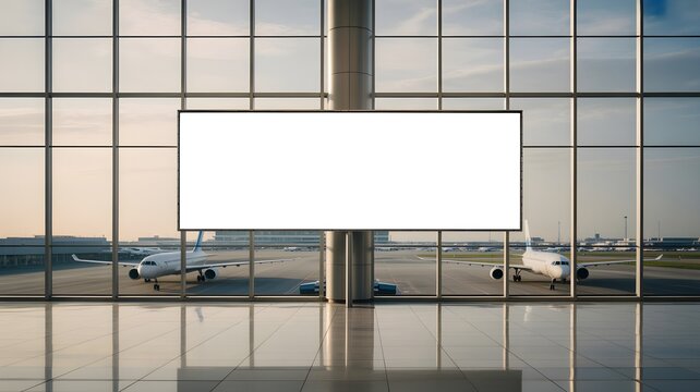 Blank horizontal billboard mockup at airport terminal