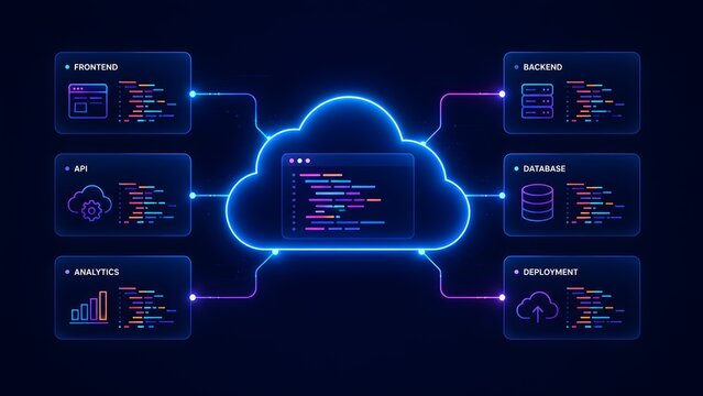 Full stack cloud computing architecture and software development infrastructure diagram with glowing neon network modules