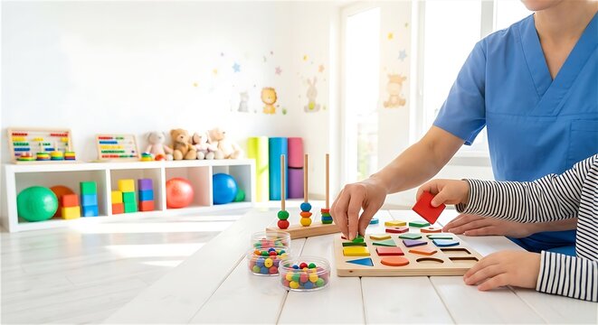 Pediatric Therapist and Child Doing Colorful Shape Sorting Puzzle in Bright Therapy Playroom