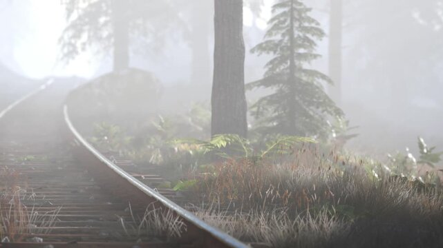 A railway track stretches through a foggy forest. Tall trees rise along the sides, and green plants grow near the ground. The scene suggests a cool and misty morning in nature.