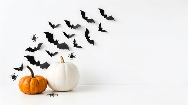 Minimalist halloween background featuring orange and white pumpkins with a swarm of flying black paper bats