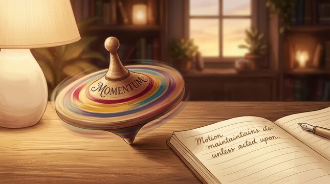 Spinning Top Labeled Momentum on Desk Next to Open Notebook with Physics Quote and Lamp in Cozy Study