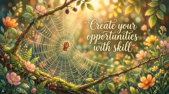 Spiderweb with spider and flowers in sunlight with inspirational quote "Create your opportunities with skill"