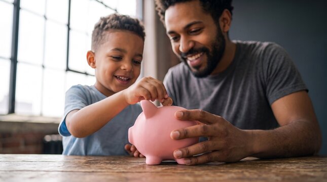 Happy Black father teaching his cute young son financial literacy by putting coin into pink piggy bank at home table. Concept of family budget, future investment, micro savings, child education.