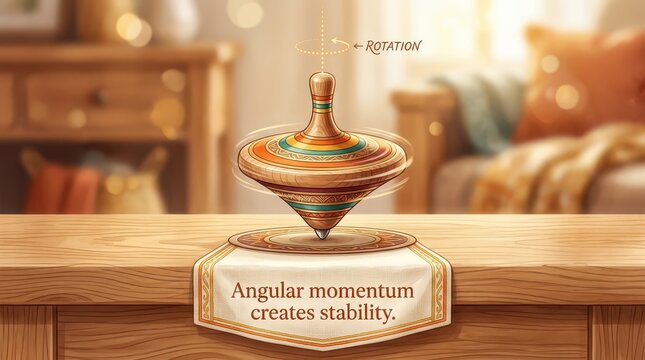 Spinning wooden top demonstrating the concept of angular momentum creating stability on a table