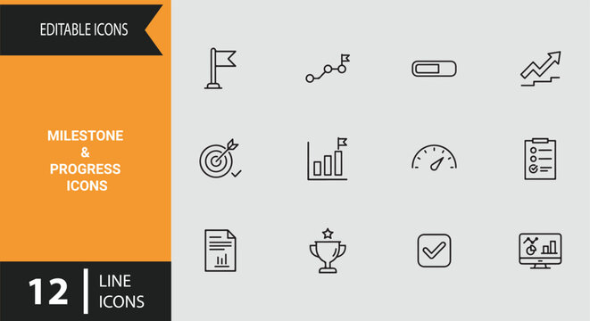 Milestone and Progress Icons Outline Set for Project Tracking Timeline Visuals and Status Reports