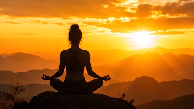 Silhouette of a young woman practicing yoga and meditation in lotus pose on top of a mountain peak during a beautiful golden sunset for inner peace