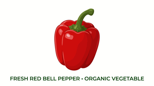 Very beautiful realistic vector illustration of a fresh organic red bell pepper, FRESH RED BELL PEPPER &bull; ORGANIC VEGETABLE, glossy natural surface, green stem, smooth shape, isolated on white backgrou