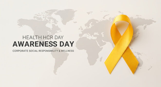 Yellow awareness ribbon on world map background for global health and cancer support day.