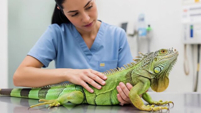 Female veterinarian examining a green iguana in a clinic. Vet gently stroking the reptile on a stainless steel table during a check-up. Exotic pet healthcare concept