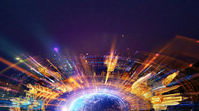futuristic cybernetic city surrounding glowing planet earth hologram, digital technology global network concept background visual, 3d render of sci-fi mega city in outer space with light rays