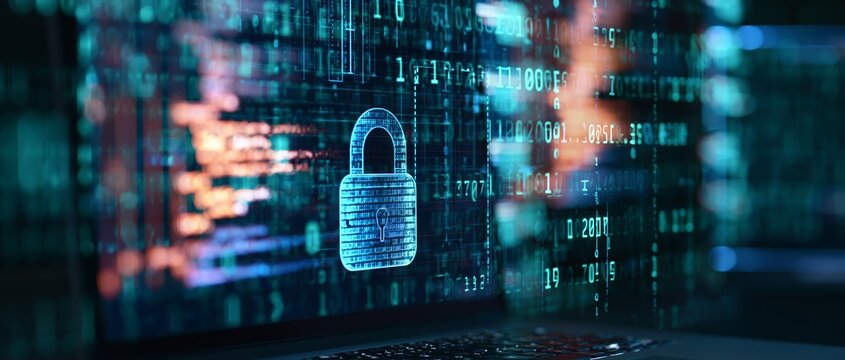 Digital lock symbol rendered in glowing blue pixels on high resolution computer screen with cascading lines of binary code flowing in background under cool directional lighting representing cyber