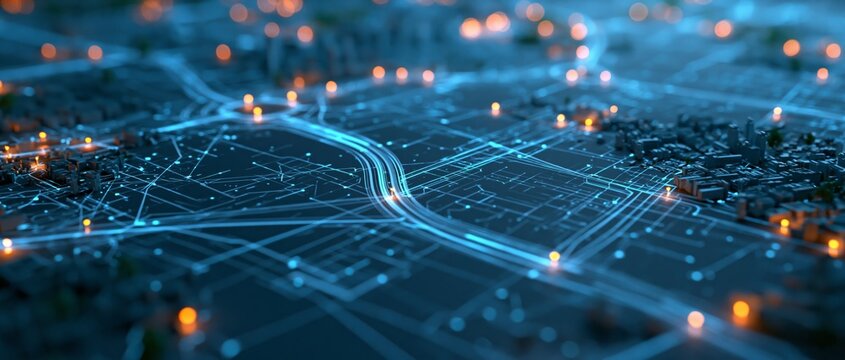 Digital map of a cityscape with glowing blue network lines connecting illuminated nodes across urban infrastructure, highlighting futuristic logistics pathways under cool ambient lighting