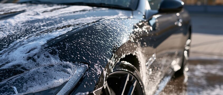 Closeup of sleek black sports car being washed with soapy water droplets sparkling under bright sunlight on wet glossy surface, chrome details and curved body contours visible against blurred outdoor