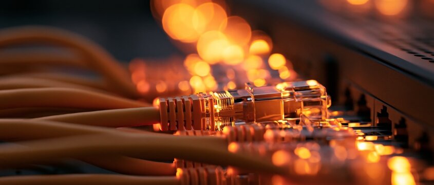 Close-up of orange ethernet cables deeply inserted into a modern network switch port, illuminated by warm ambient backlight casting soft glow and bokeh effect on surrounding metallic and plastic