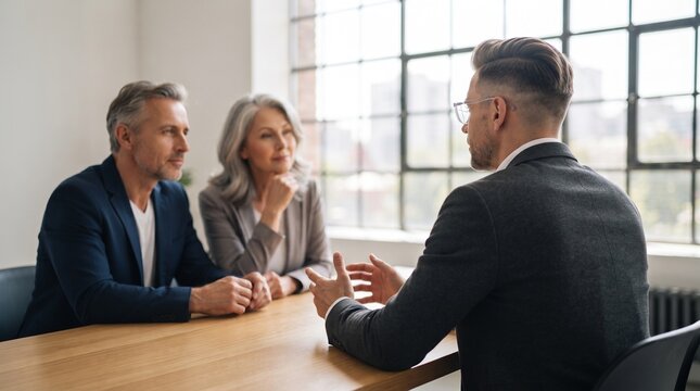 Middle aged couple discussing long term financial planning with expert advisor in office, reviewing investment portfolio, retirement fund security, estate planning, and mortgage loan contract.