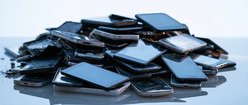 Heap of broken discarded mobile phones scattered on reflective surface showing cracked screens shattered glass metal plastic damage smudged buttons ports edges under bright directional light