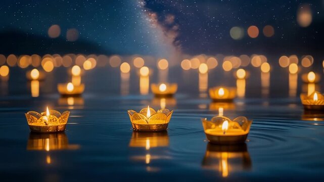 Serene video of floating candles illuminating a peaceful evening lake with soft reflections and tranquil ambiance