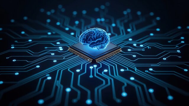A glowing blue human brain resting on a central computer processor surrounded by digital circuit board traces. Advanced artificial intelligence and machine learning concept.