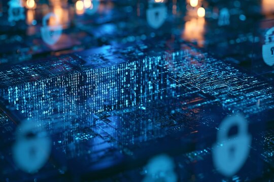 Digital encryption interface displaying cascading binary code across a circuit board surface under cool blue backlighting with blurred padlock security symbols layered in foreground enhancing depth