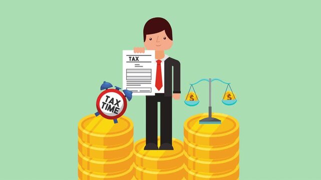 Animated man holding tax document standing on stack of coins with alarm clock and scales.