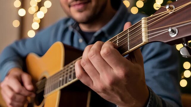 Close-up of musician hands playing acoustic guitar. Fingers plucking strings with warm bokeh lights in background. Man practicing musical instrument