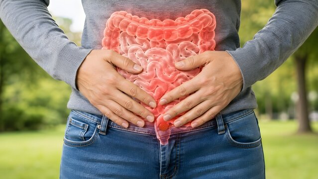 Close-up of a person holding their stomach in pain, with a glowing red anatomical illustration of intestines highlighting inflammation and discomfort, symbolizing digestive issues and health concerns