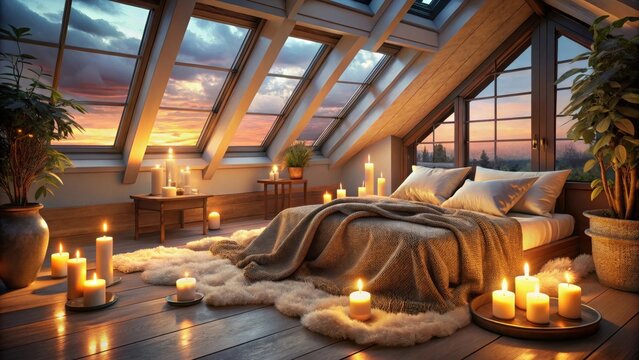 A warm candlelit sanctuary above illuminated by a skylights gentle glow amidst plush soft blankets