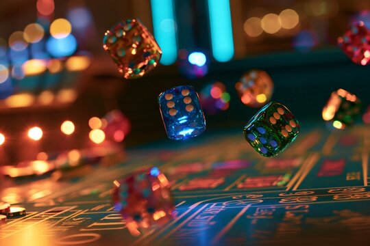 Multicolored dice mid-air above craps table with vibrant neon lights reflecting off glossy surface, blurred motion capturing dynamic energy and tactile textures under warm directional illumination
