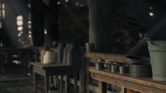 In an old wooden building, sunlight shines through gaps, illuminating tables with pots, cups, and a kettle. Few chairs are present, suggesting a simple setting for meals.