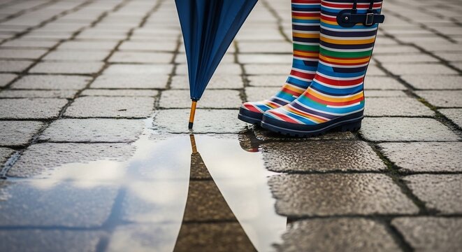 Spring Rain Boots and Puddle Reflection
