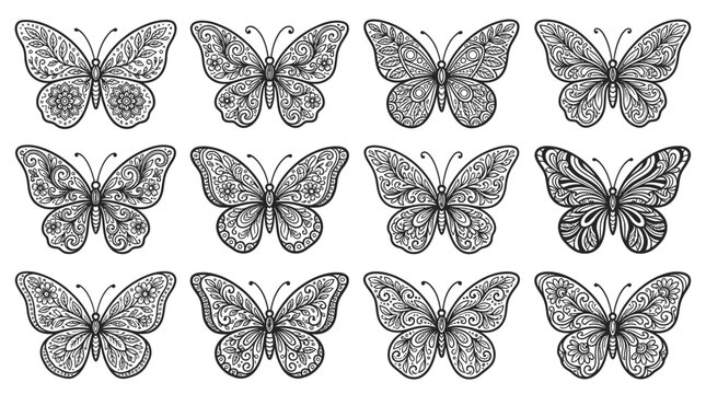 A Collection of Intricate Ornamental Butterfly Illustrations on a Clean White Background