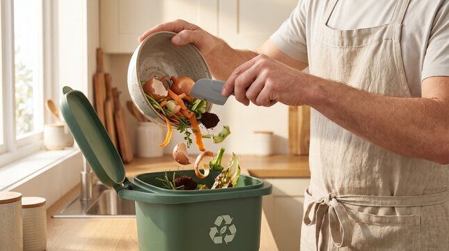 Man preparing meals and scraping food scraps into kitchen compost bin