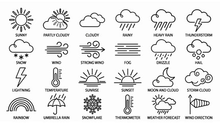 Obraz premium Continuous one line weather icon set with sun clouds rain wind and forecast symbols