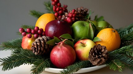 Naklejka premium A festive arrangement of fresh fruits including s oranges pomegranates and pinecones nestled among evergreen branches