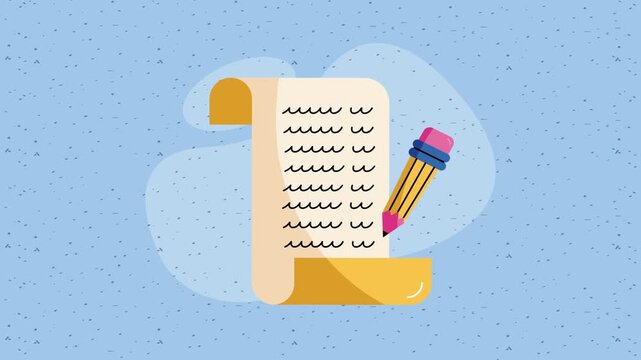 Animated video showing paper scroll and pencil, writing, perfect for education and creative projects.