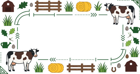 Naklejka premium Charming farm border vector frame with cute cows and barn