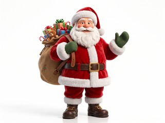 Fototapeta premium Cute 3D Santa Claus Character Waving with Sack of Gifts Isolated on White